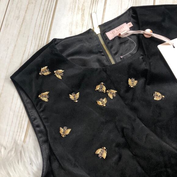 Ted Baker Women's Celeena Black Velvet Bee Short‎ Sleeve Embellished Dress NEW - Picture 4 of 5
